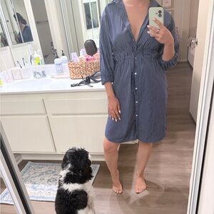 Zara Navy Pinstripe Button-Front Shirt Dress with tie waistband
